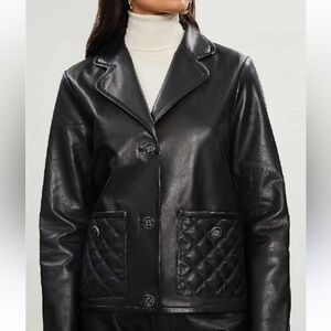 Sandro Black Leather Quilted-Pocket Jacket